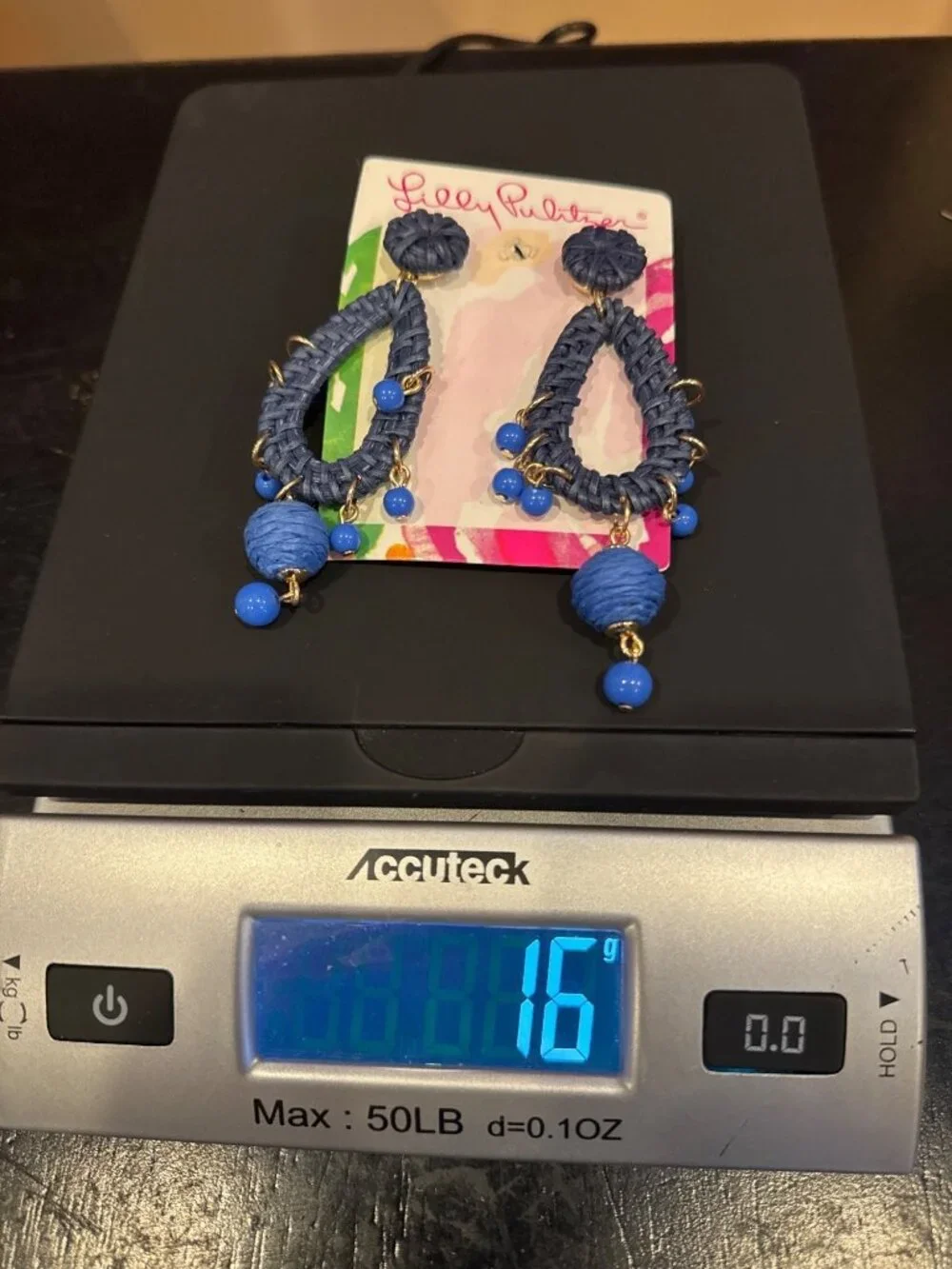 Lilly Pulitzer GWP Raffia Drop Earrings Alba Blue Beaded Teardrop Coastal Beachy